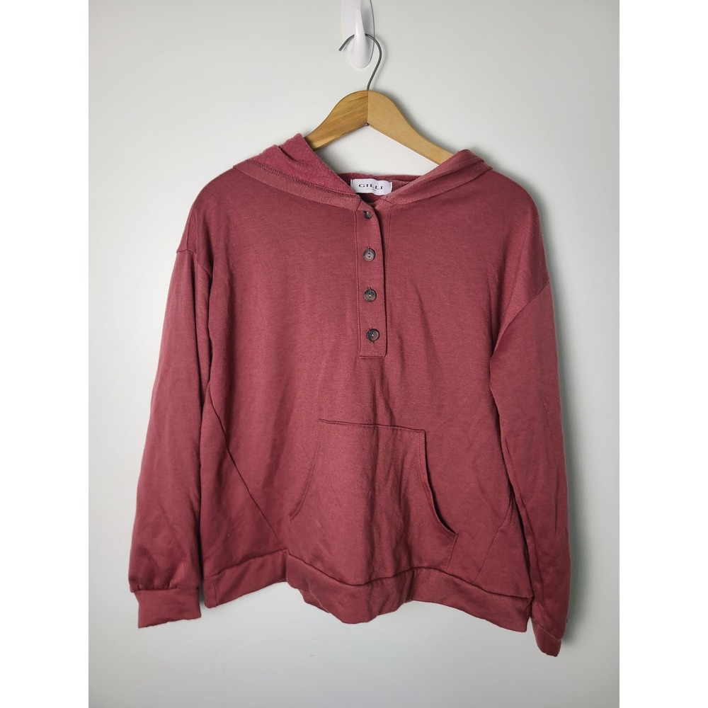 Gilli Wm SM Burgundy Henley Button Hoodie Sweatshirt Maroon Lounge Casual Cozy